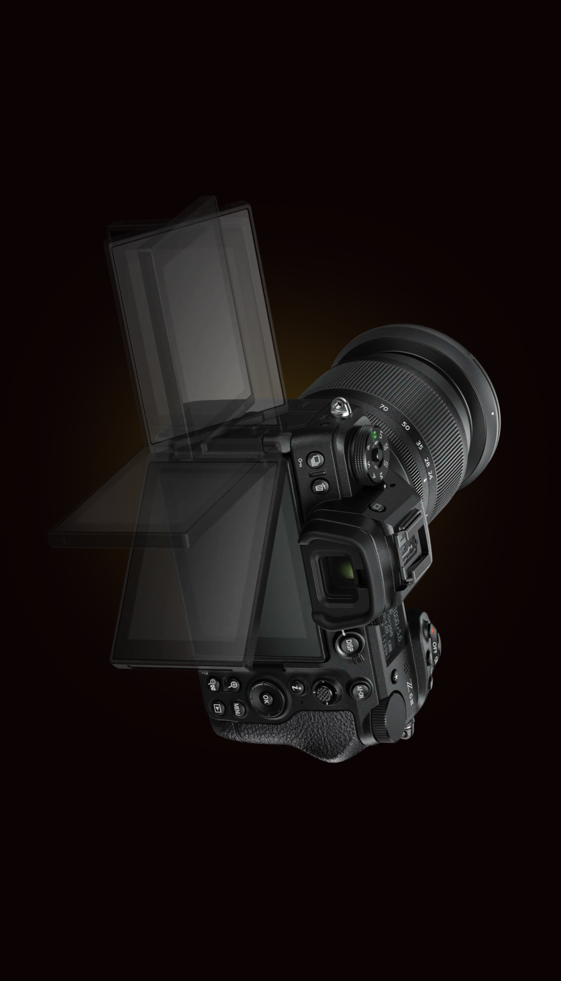 Professional mirrorless camera with multi-angle articulating LCD screen on dark background.