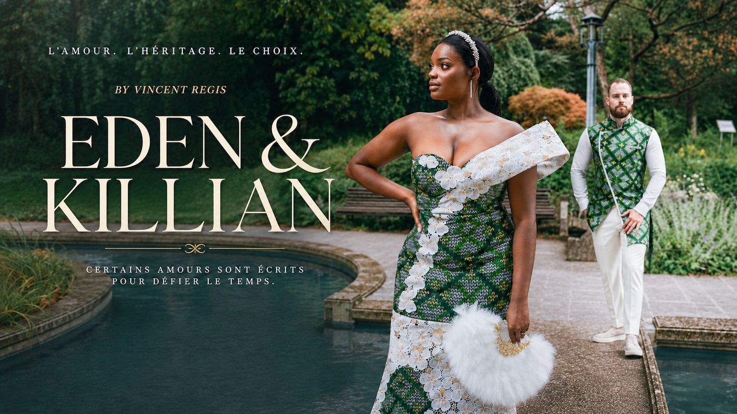 Elegant wedding couple in white formal attire walking on a tree-lined path with Eden & Killian text overlay.