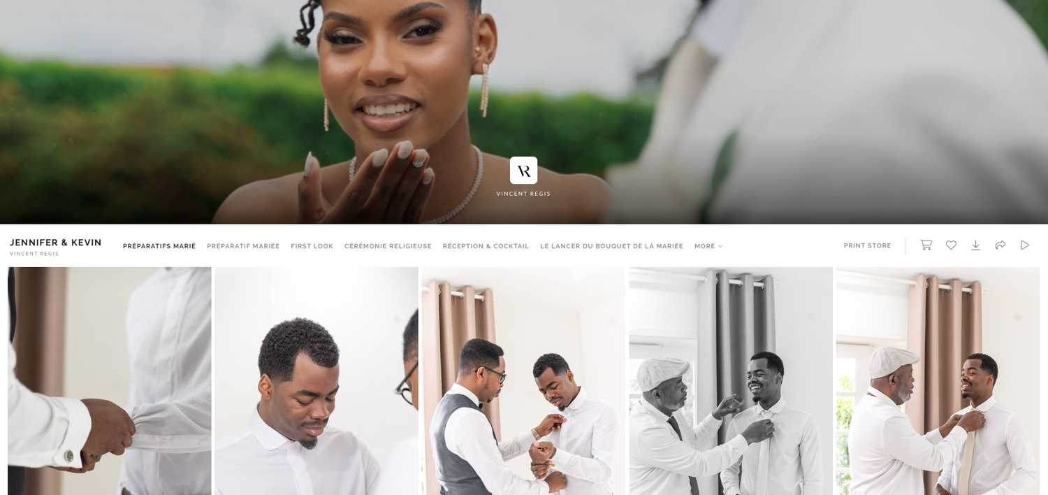 Wedding photography website showcasing bride and groom preparation photos in white attire.