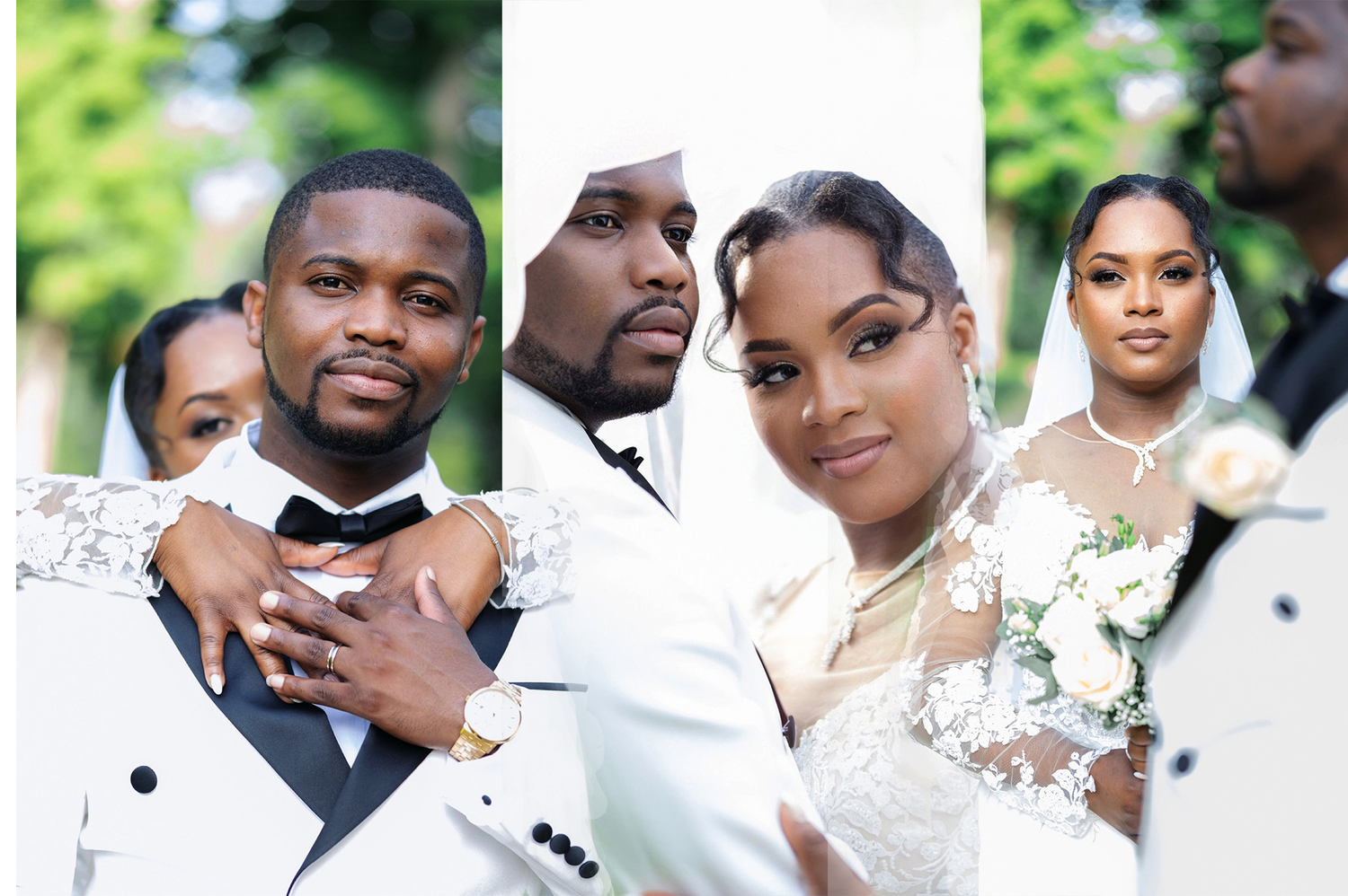 Wedding party collage featuring bride and groom with attendants in white lace attire.