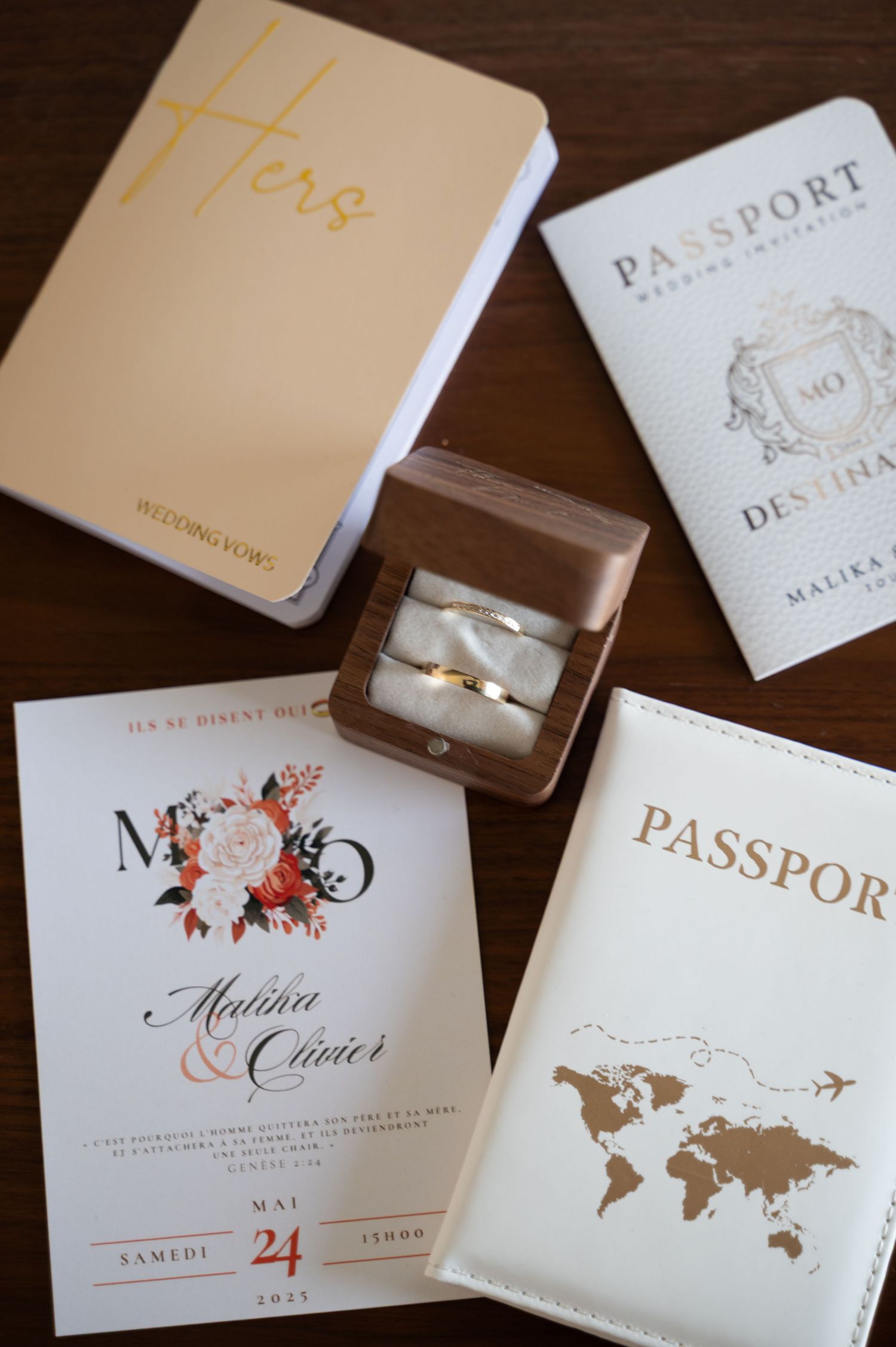 Wedding stationery flat lay featuring passport invitations, floral program, rings in wooden box.