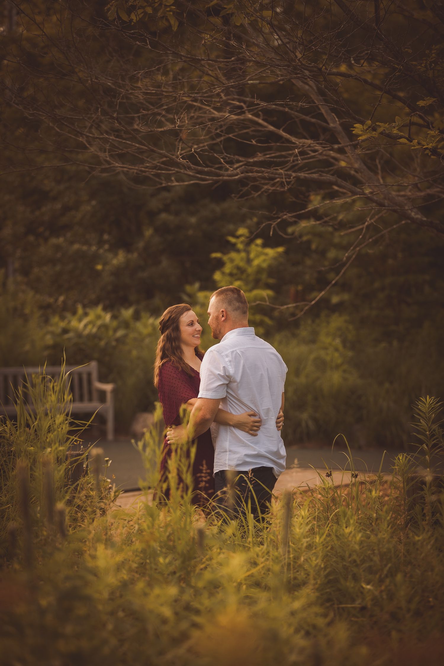A couple embraces in a natural setting with golden sunlight filtering through trees.