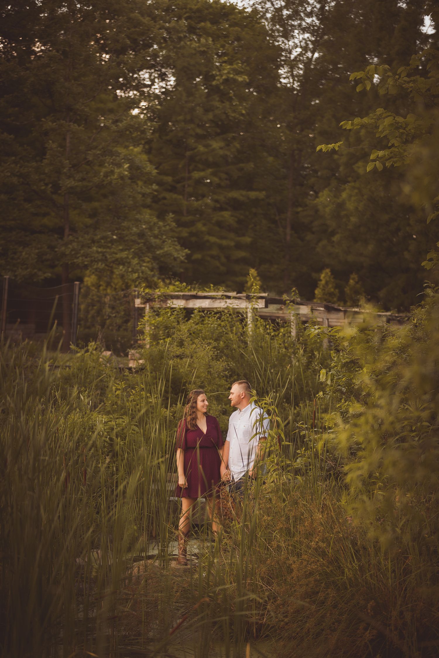 A romantic couple strolls together through tall grass and trees during golden hour.