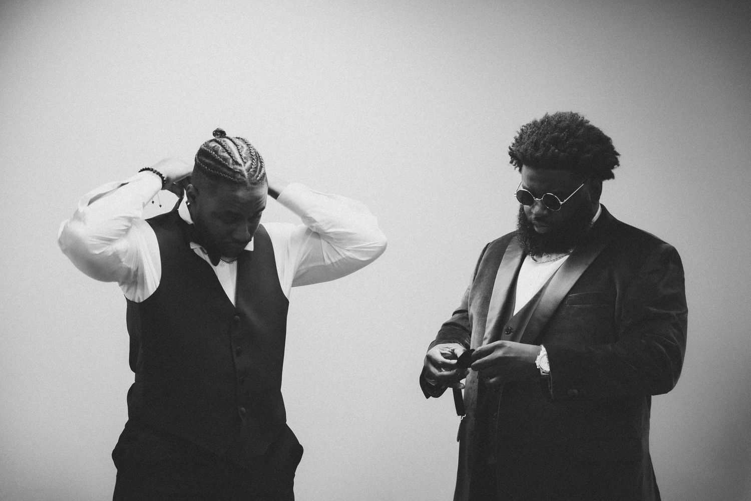 Black and white photo sequence showing groomsmen getting ready for a formal event.