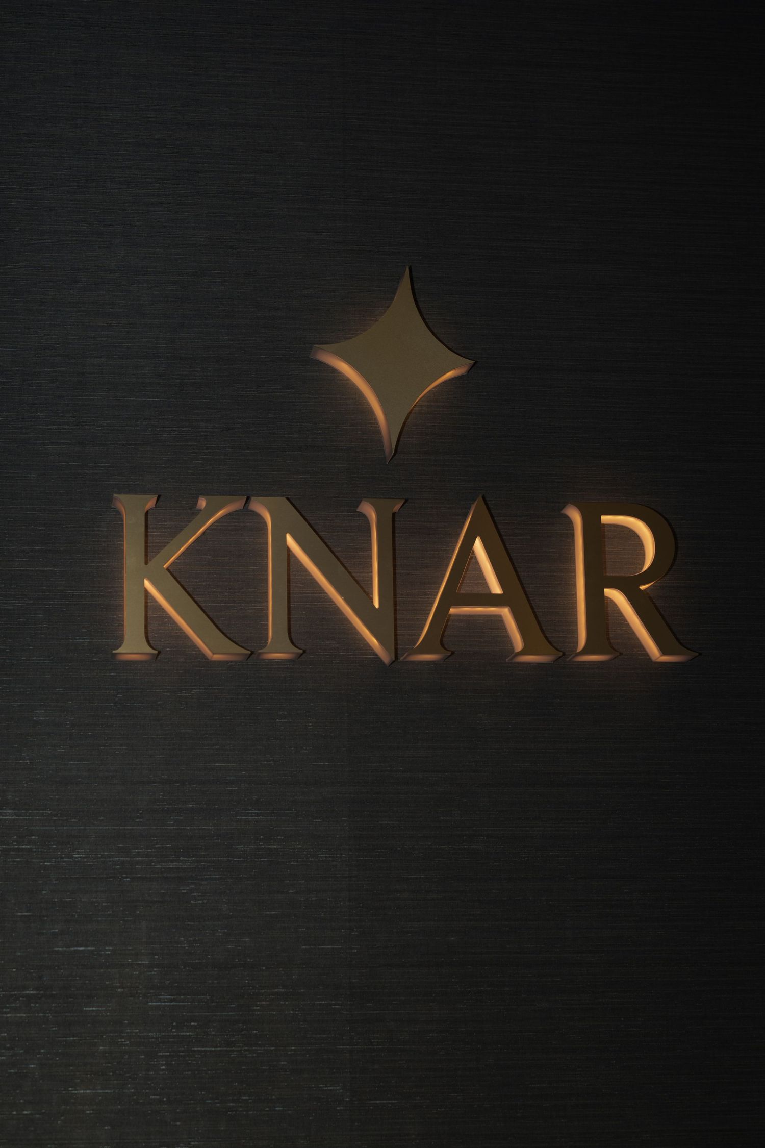 Animated sequence showing golden metallic text letters emerging from darkness on a black textured background.