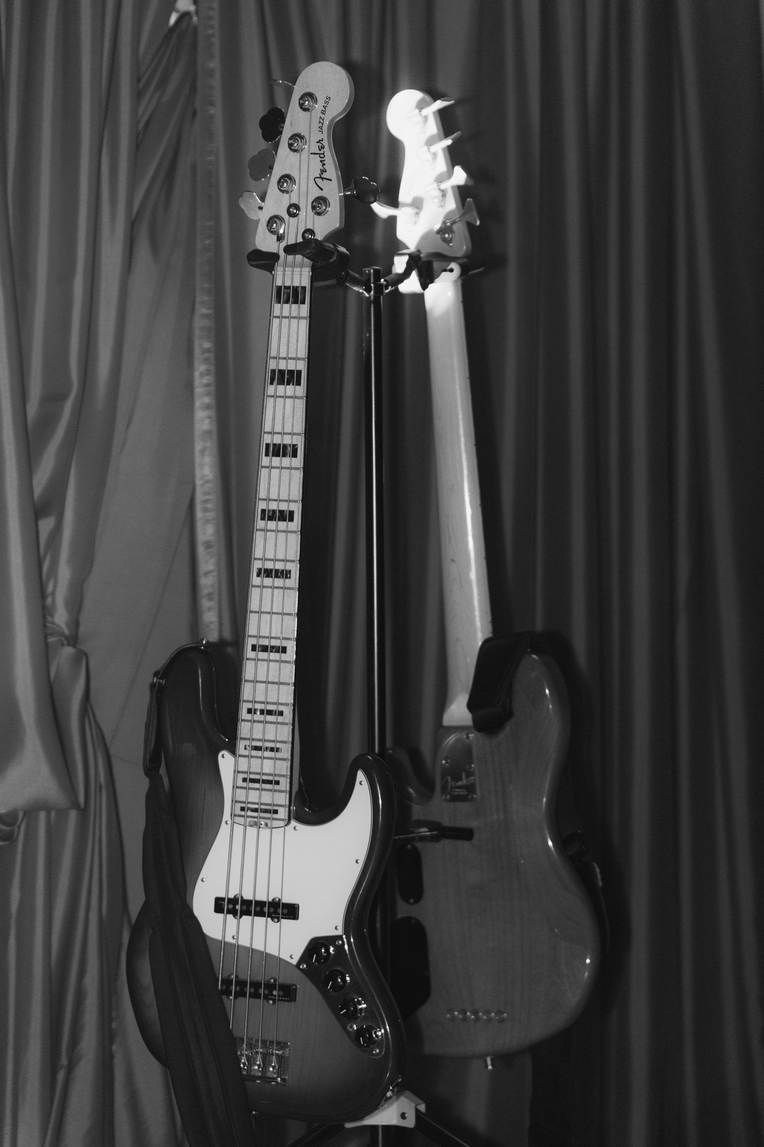Black and white photograph of two electric bass guitars mounted on display against a curtained backdrop.