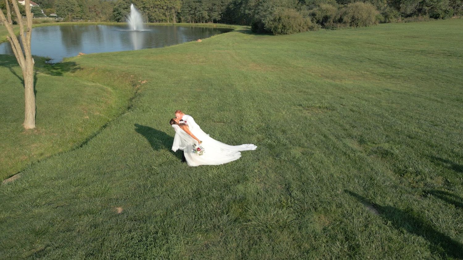Aerial view of bride in white gown and veil lying in lush green field.