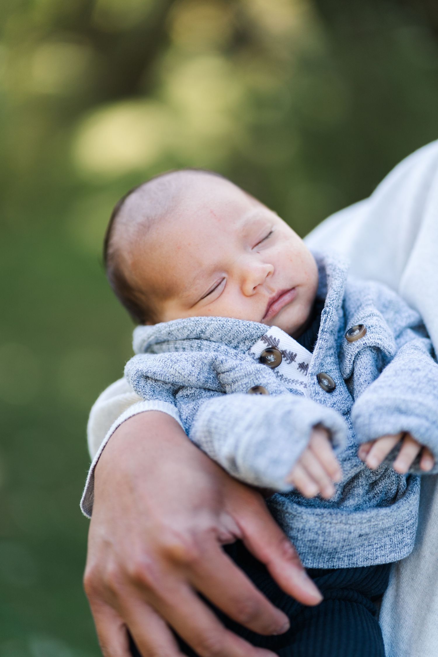 Close-up of a sleeping newborn baby in soft gray clothing against a blurred green background.
Niagara family photos.
