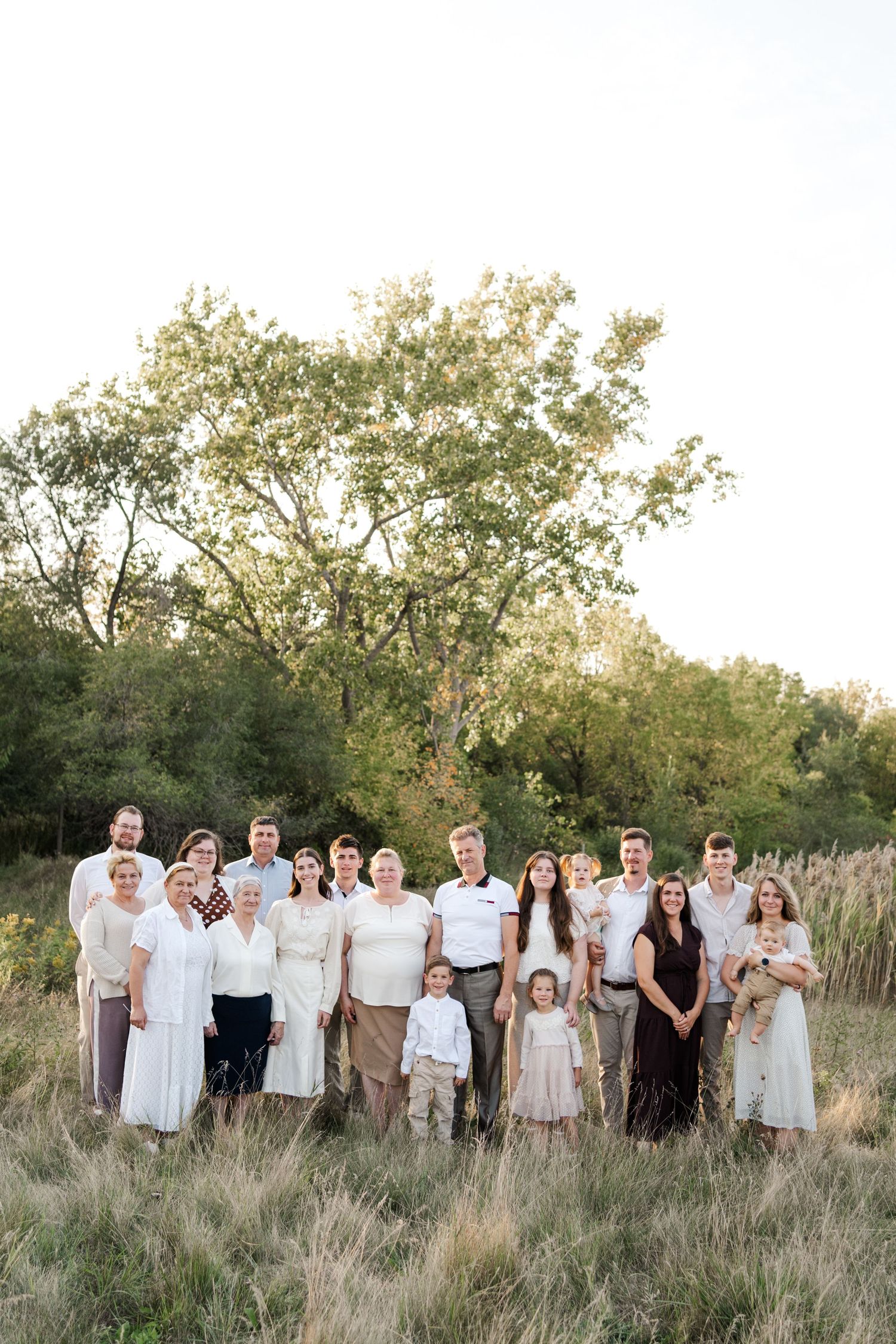 Large family group photo taken in a natural field setting at golden hour.
Family photos in Niagara.