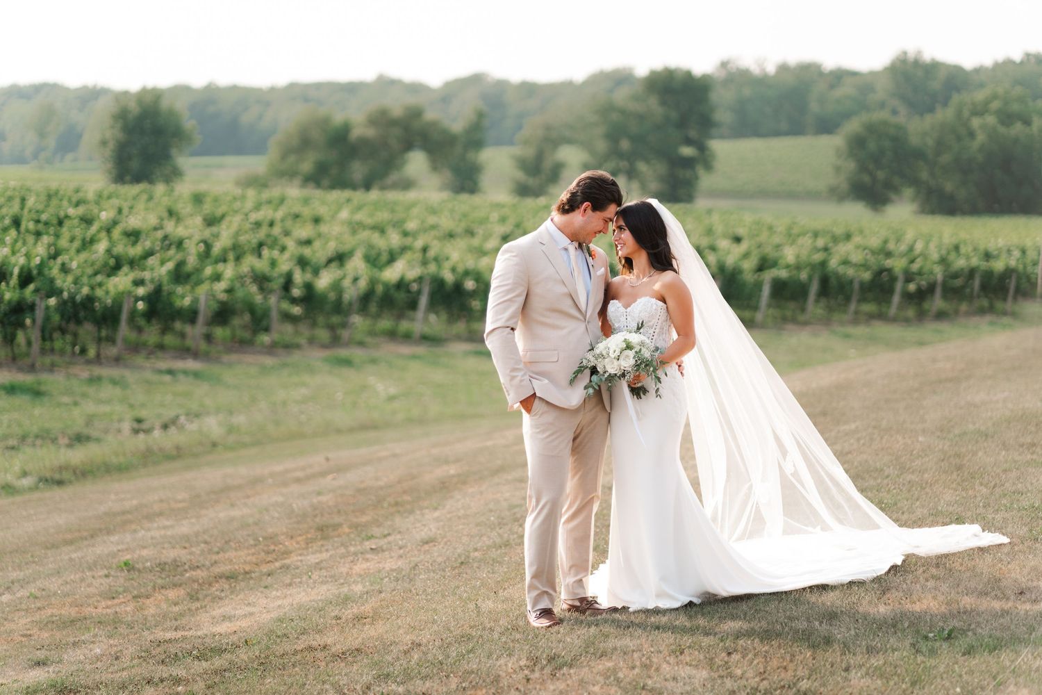 Wedding couple sharing tender moment in scenic vineyard setting.
Niagara Wedding photography.