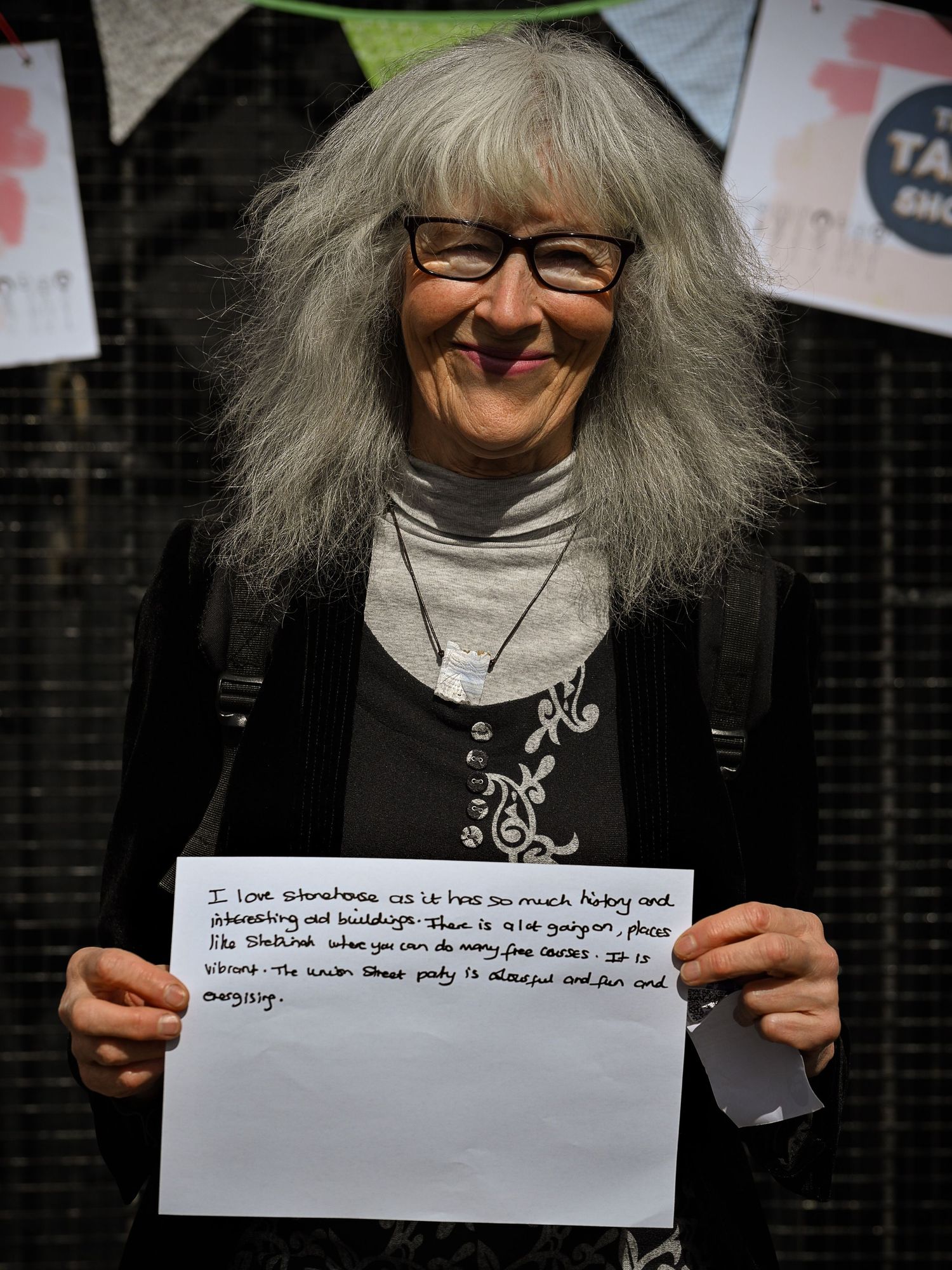 Portrait of a Stonehouse resident by photographer Arnet Donkin, sharing what they love about their community during the Union Street Party