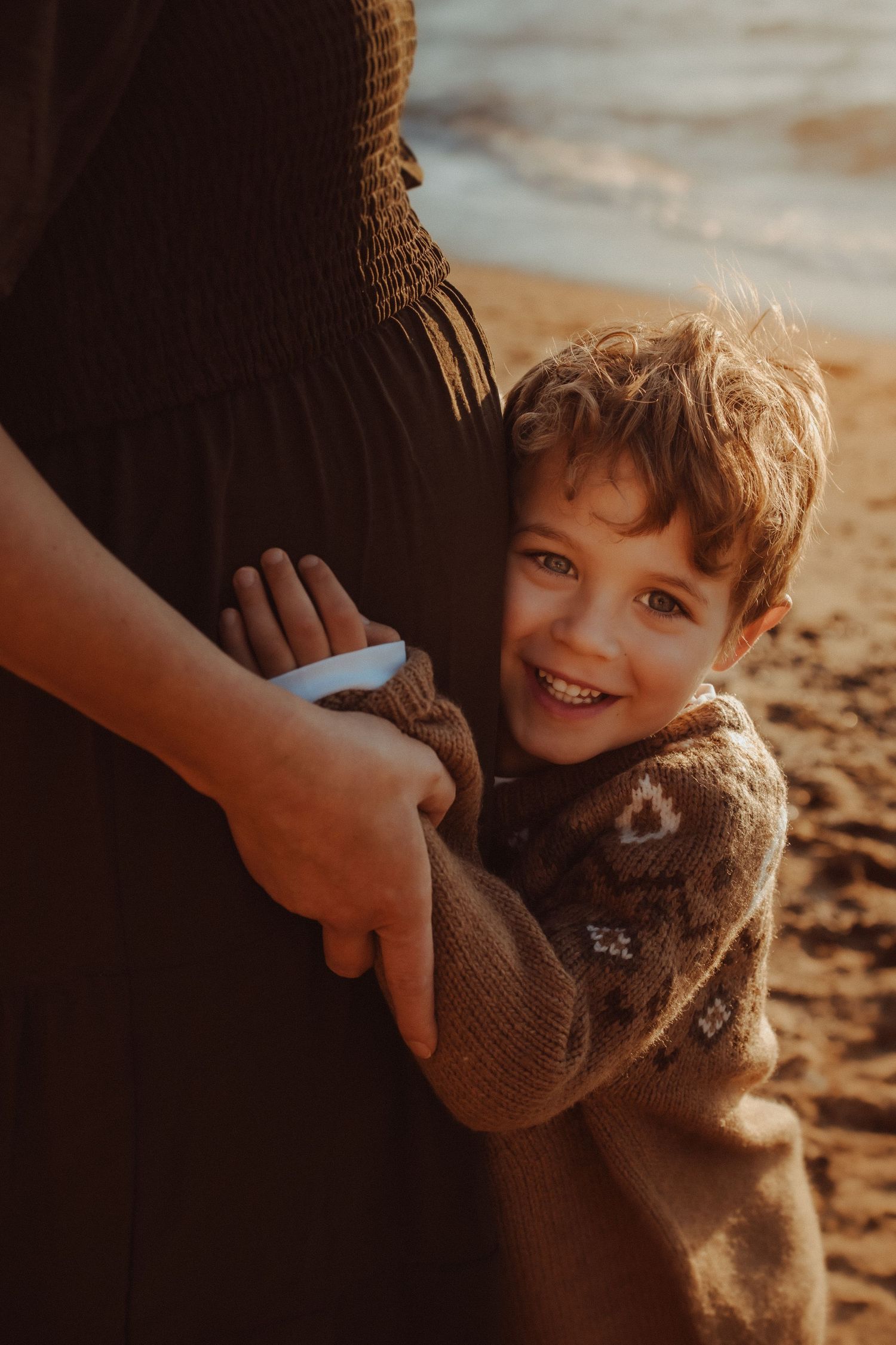 Series of joyful expressions captured on the beach in warm sunlight.
