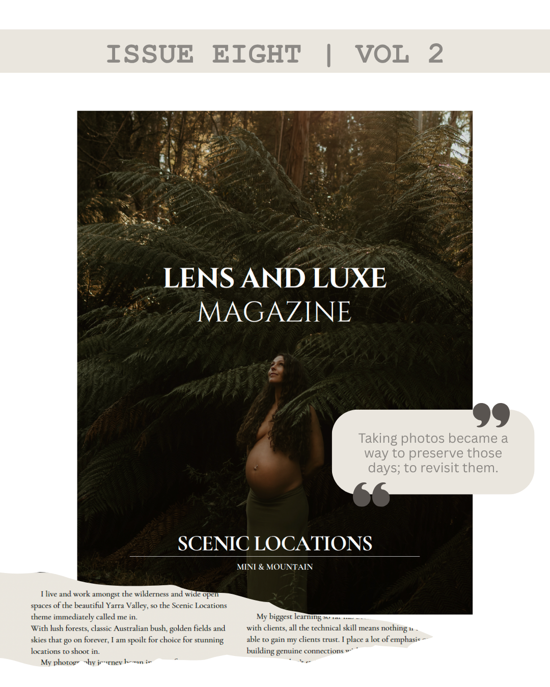 Magazine layout for Lens and Luxe featuring scenic locations and photography.
