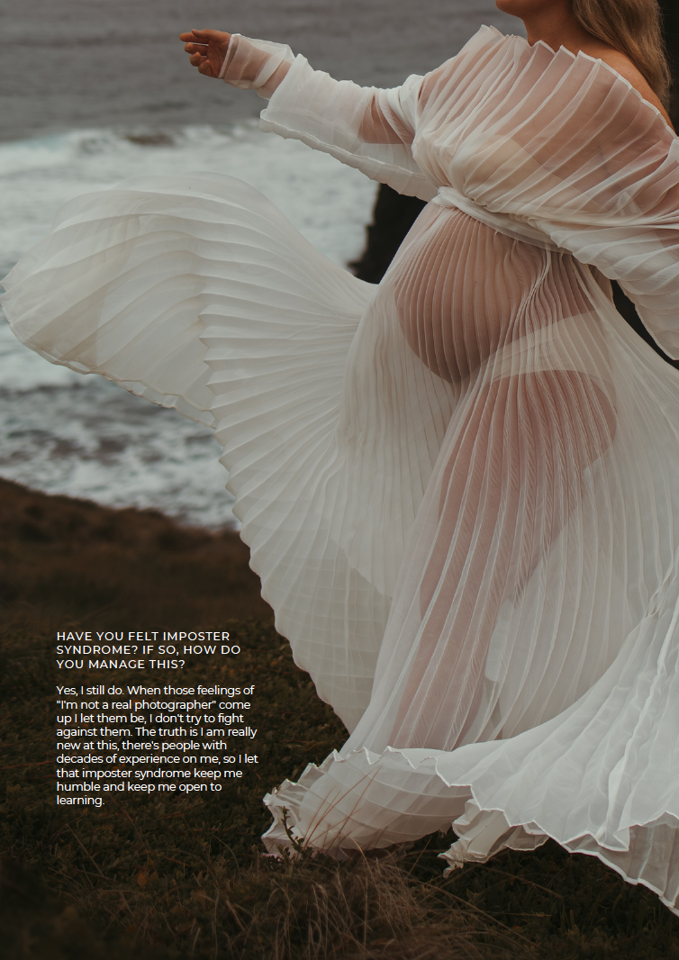 Delicate white pleated gown billows gracefully against rugged coastal rocks and ocean waves.