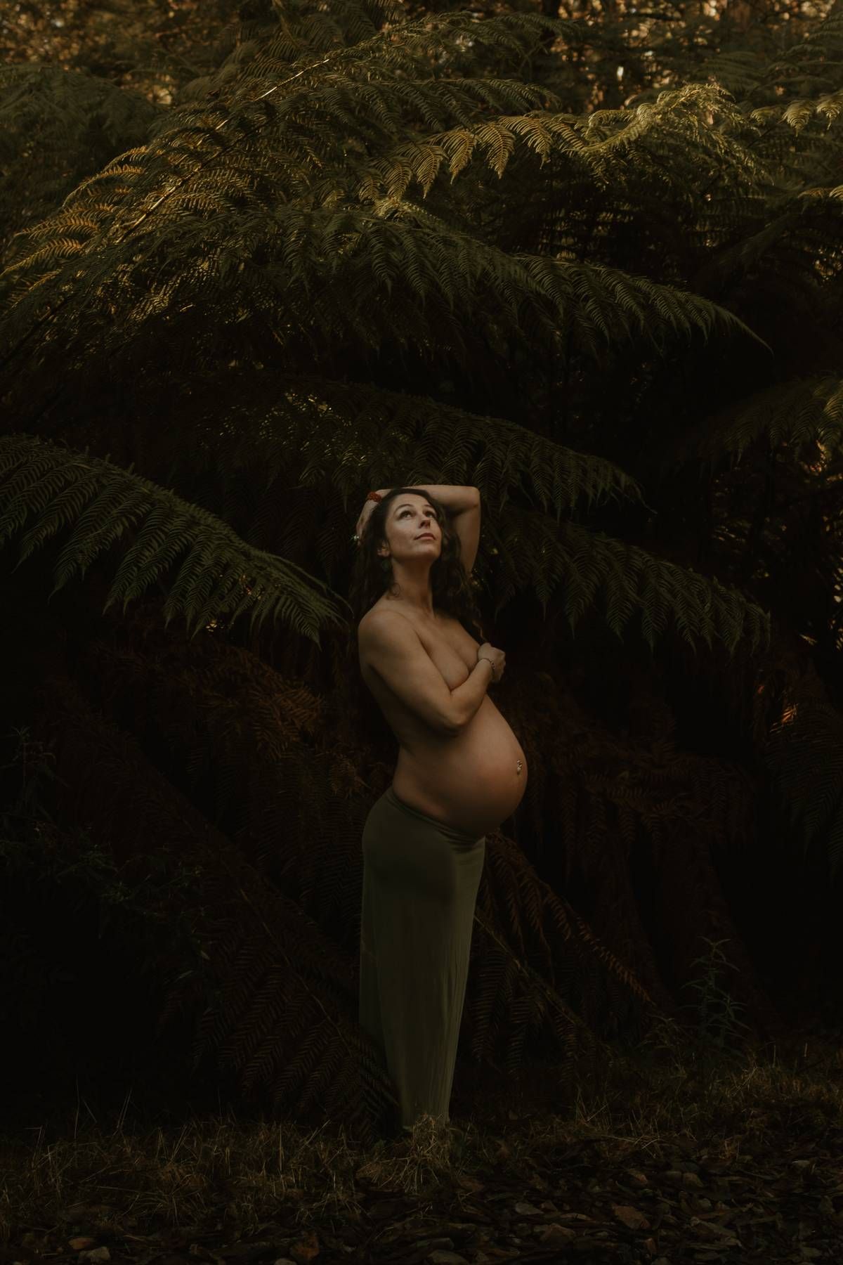 Artistic maternity photo in a forest setting with ferns at sunset.