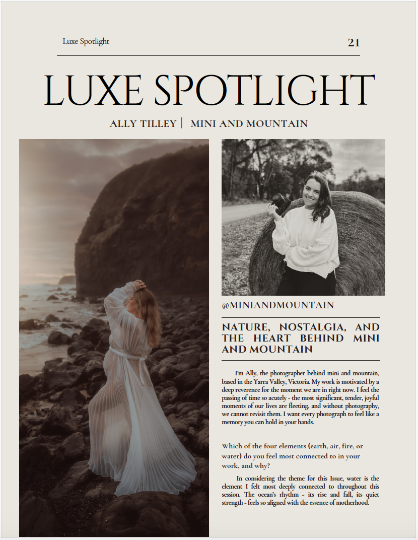 A collection of black and white magazine layout pages featuring dreamy coastal photography and editorial text.