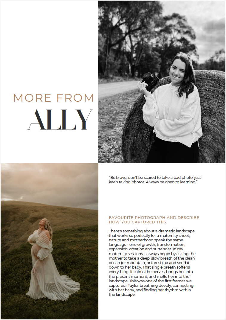A wedding photography portfolio page shows a black and white portrait and romantic field photo in muted earth tones.