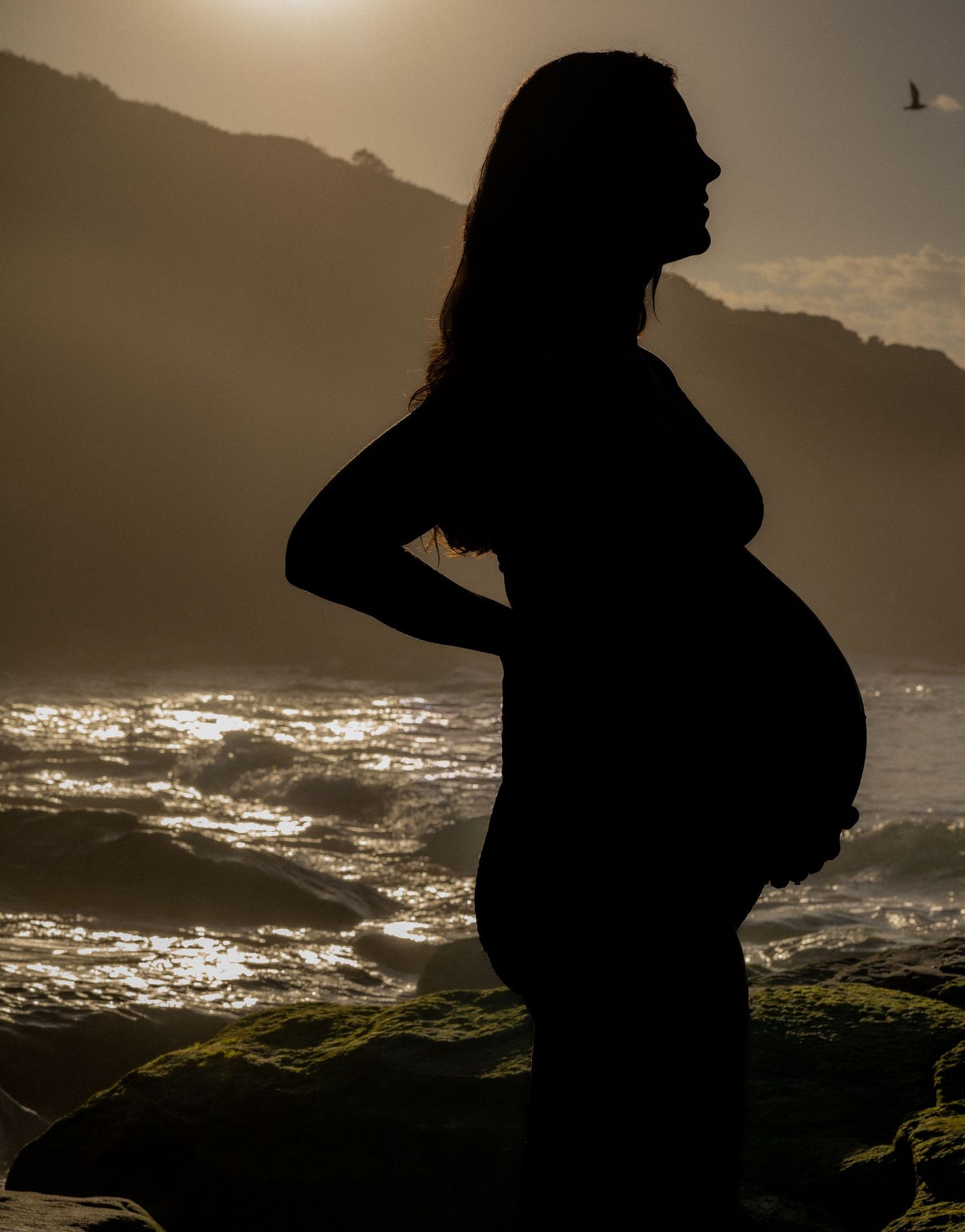 A silhouetted pregnant figure stands against a sunset over mountains and ocean waves, creating a dramatic backlit profile.