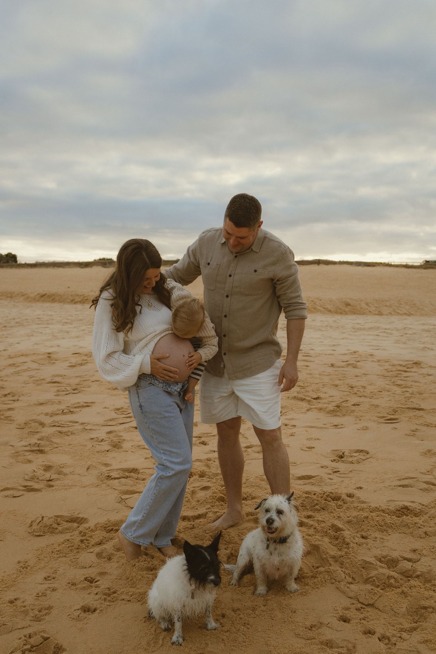 Family with toddler and two small dogs posing on sandy beach under cloudy sky.