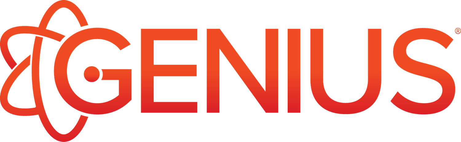 Genius radiofrequency microneedling device logo in bold red-orange text.