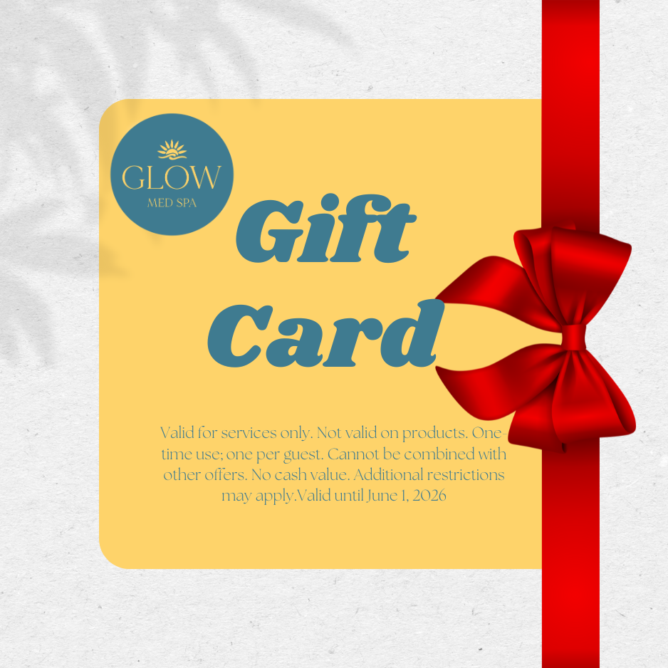 Glow Med Spa gift card for services only, one-time use per guest, no cash value, valid until June 1, 2026.