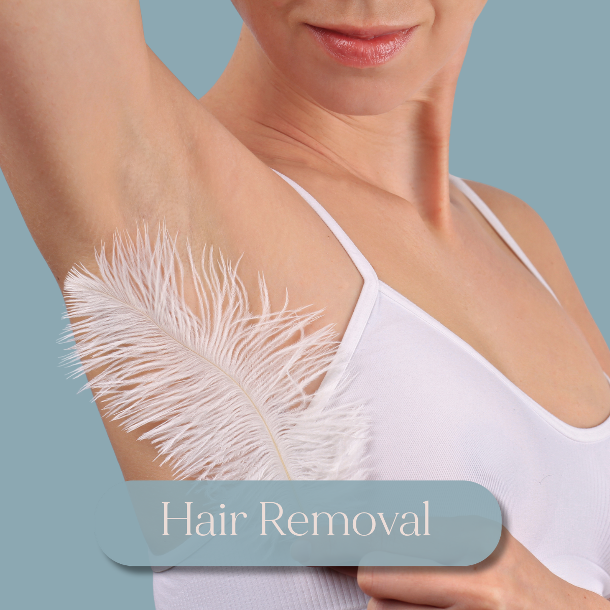 Woman raising arm with feather demonstrating laser hair removal.