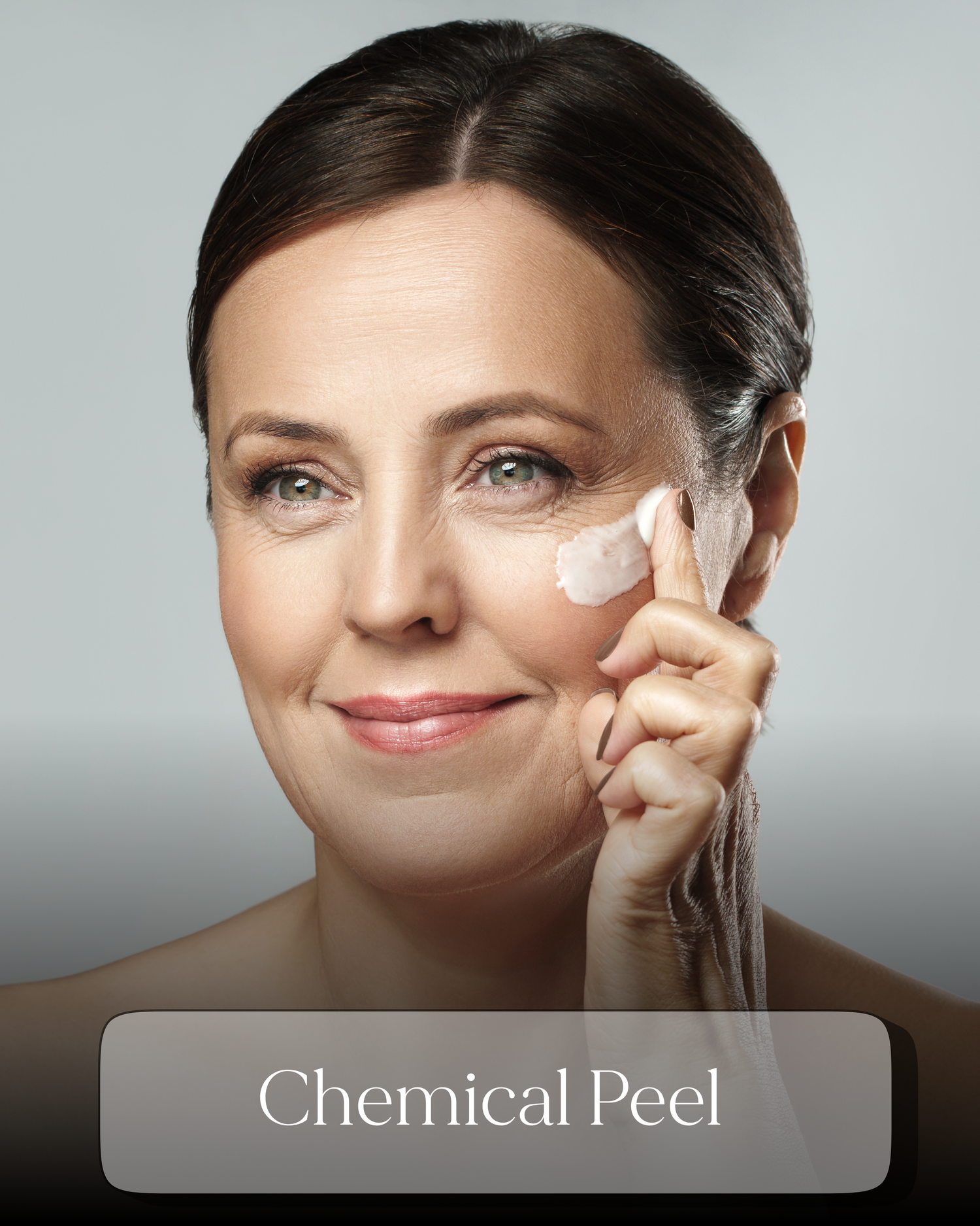Woman applying chemical peel treatment to her face, showcasing Glow Med Spa skincare services.