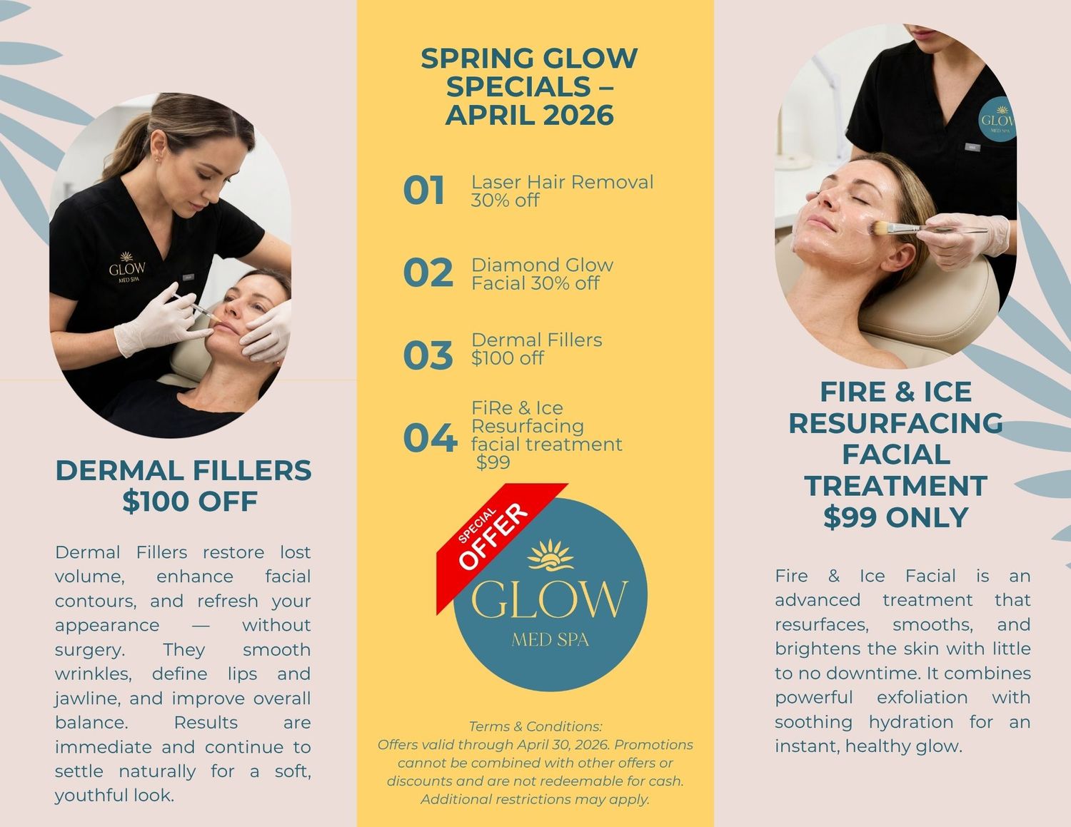 Glow Med Spa Spring April 2026 specials brochure with dermal fillers, fire and ice facial, and laser hair removal deals.