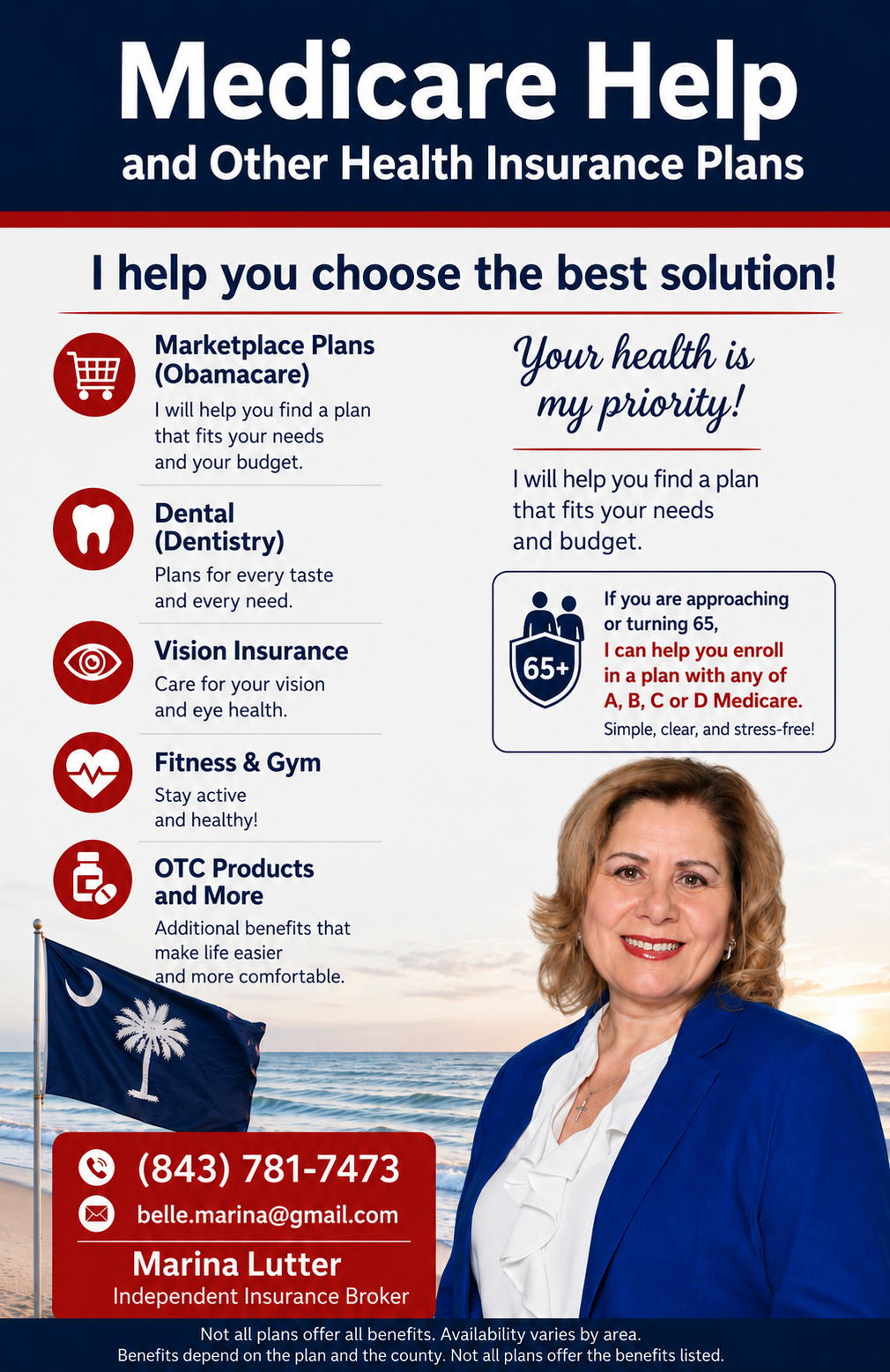 Medicare health insurance broker Marina Lutter offering Marketplace, Dental, Vision, Fitness, and OTC plans, contact (843) 781-7473.