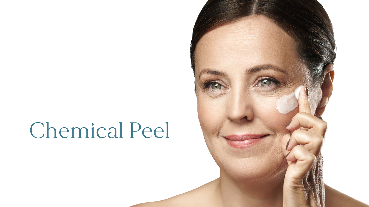 Woman applying chemical peel cream to her face on a gray background with Chemical Peel text.