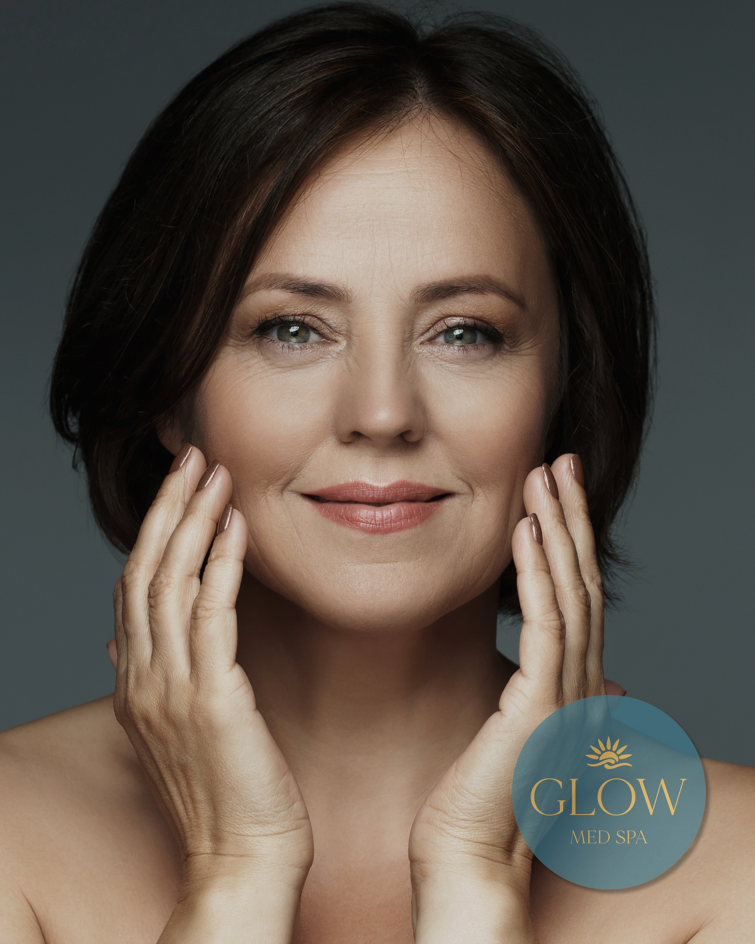 Mature woman with glowing healthy skin touching her face gently, Glow Med Spa branding visible.