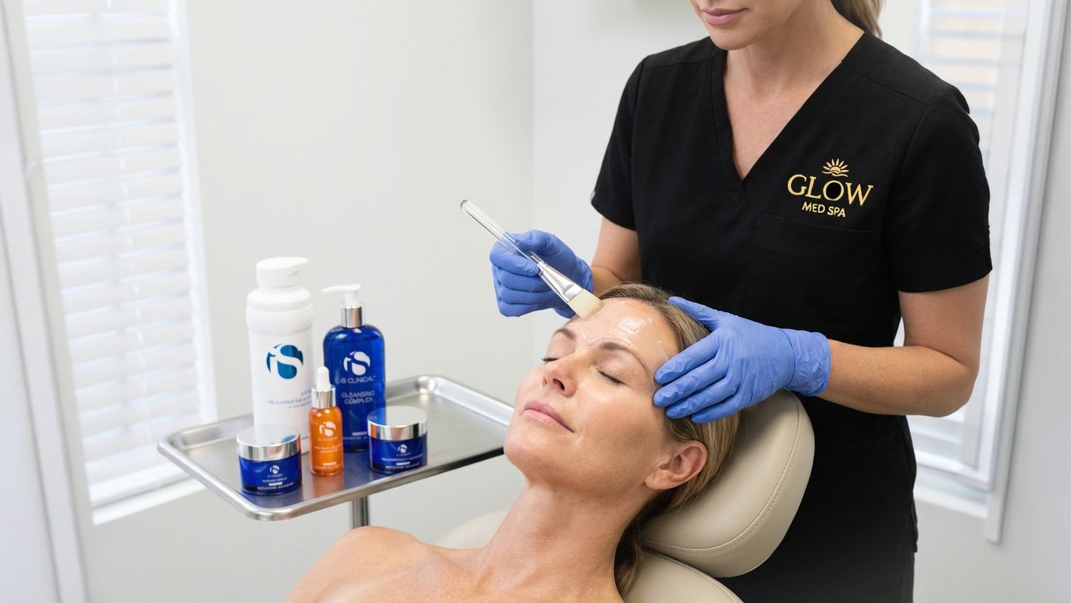 Glow Med Spa esthetician applying precision facial treatment with pen device using iS Clinical skincare line.