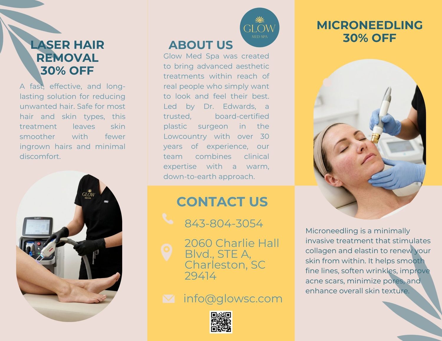Glow Med Spa brochure featuring laser hair removal 30% off, microneedling 30% off, and contact info in Charleston, SC.