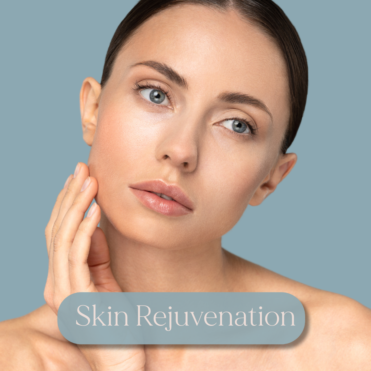Young woman with glowing skin touching face for skin rejuvenation.