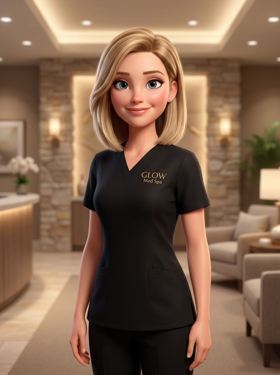 3D animated female character in Glow Med Spa black scrubs smiling in a modern spa reception area.