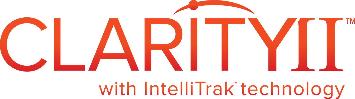 Clarity II laser system logo with IntelliTrak technology text in red-orange gradient.