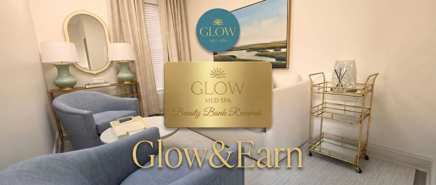 Glow Med Spa Beauty Bank Rewards gold card displayed in an elegant spa room with Glow and Earn text.