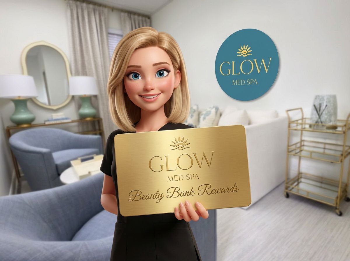 Animated blonde woman holding a Glow Med Spa Beauty Bank Rewards gold card in a luxury spa setting.