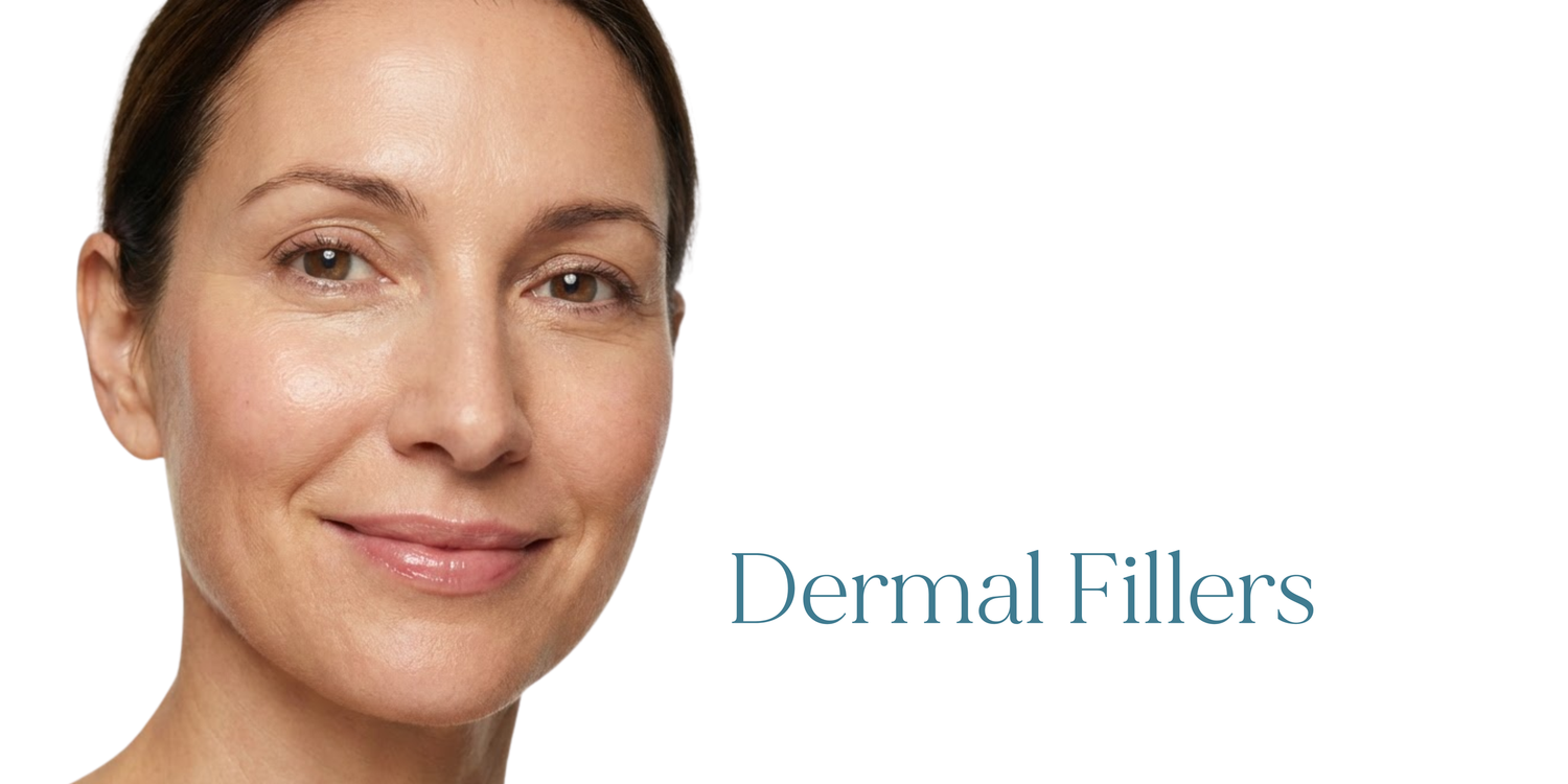 Woman with smooth, youthful skin showcasing dermal fillers results against a clean white background.