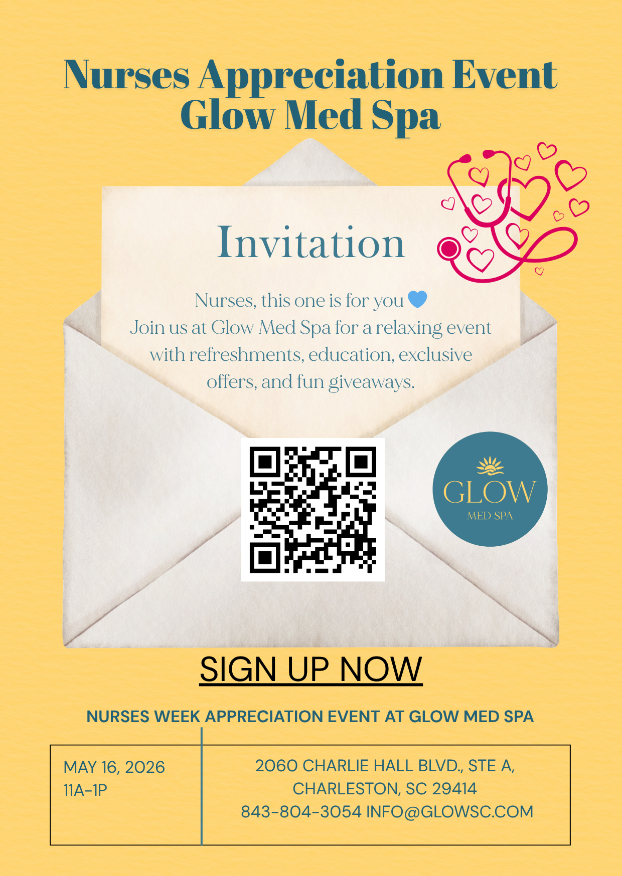 Glow Med Spa nurses appreciation event invitation flyer for May 16 2026 in Charleston SC with QR code signup.