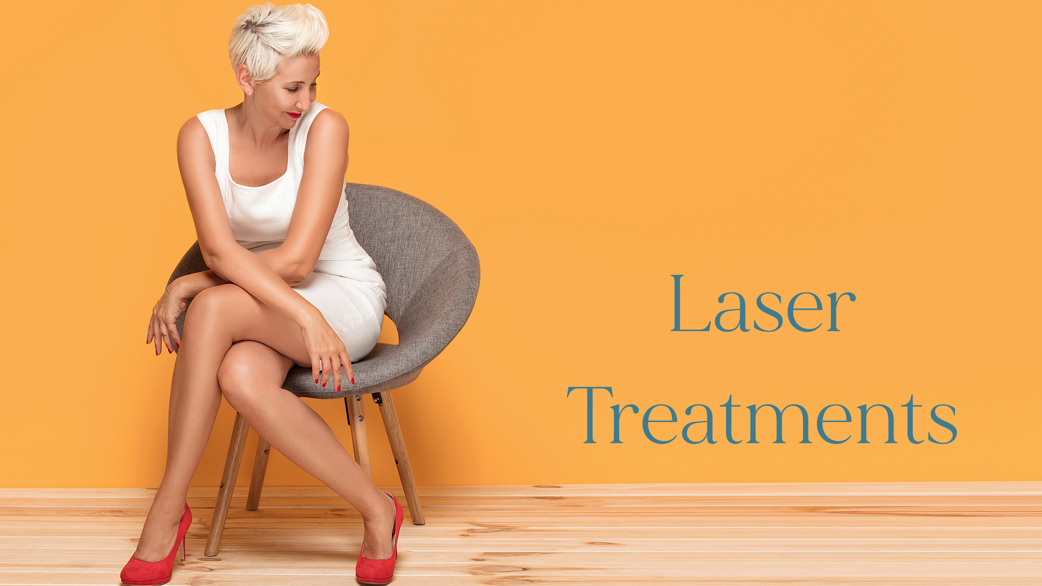 Blonde woman in white dress sitting on chair with Laser Treatments text on orange background.