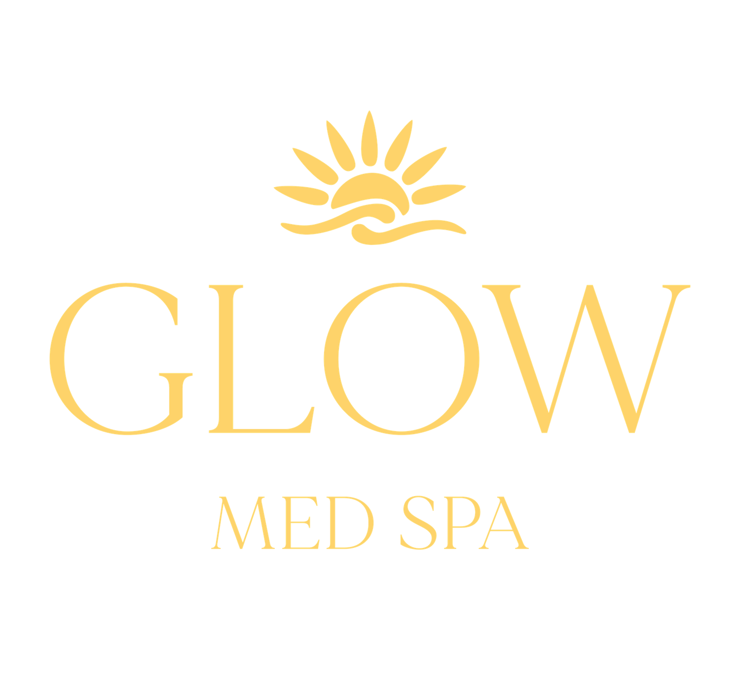 Glow Med Spa logo with golden sun emblem on white background.