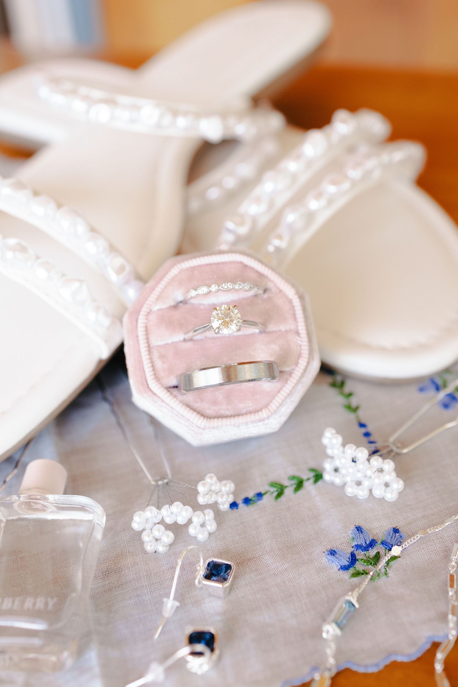 Image of wedding flat lay with wedding rings