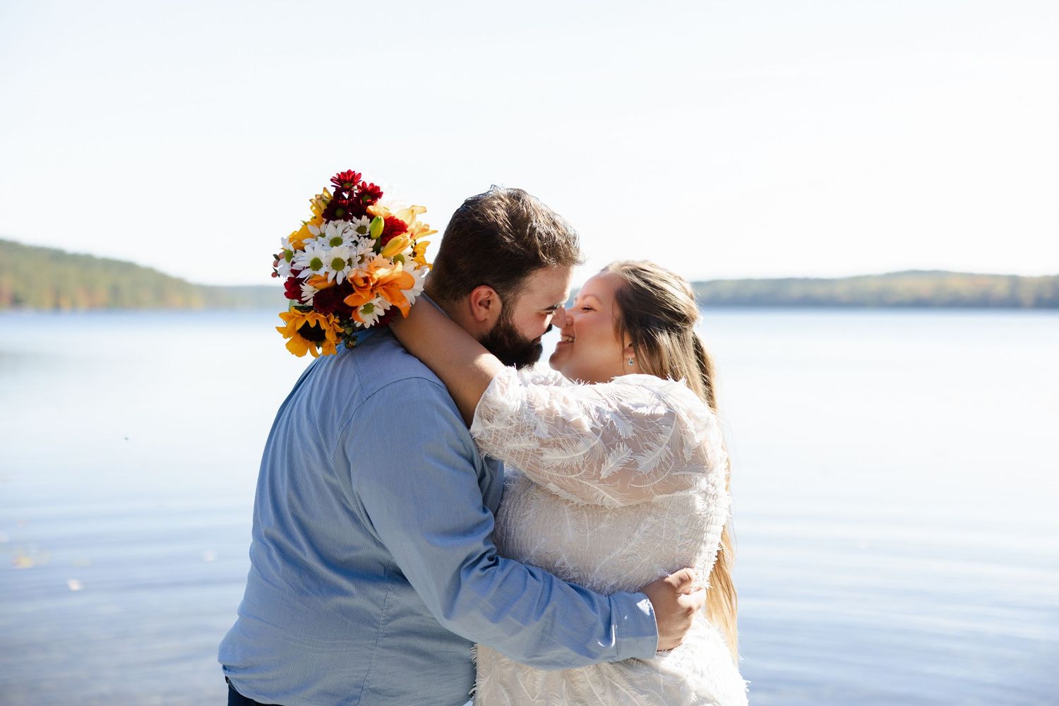 Portrait of bride and groom near lake