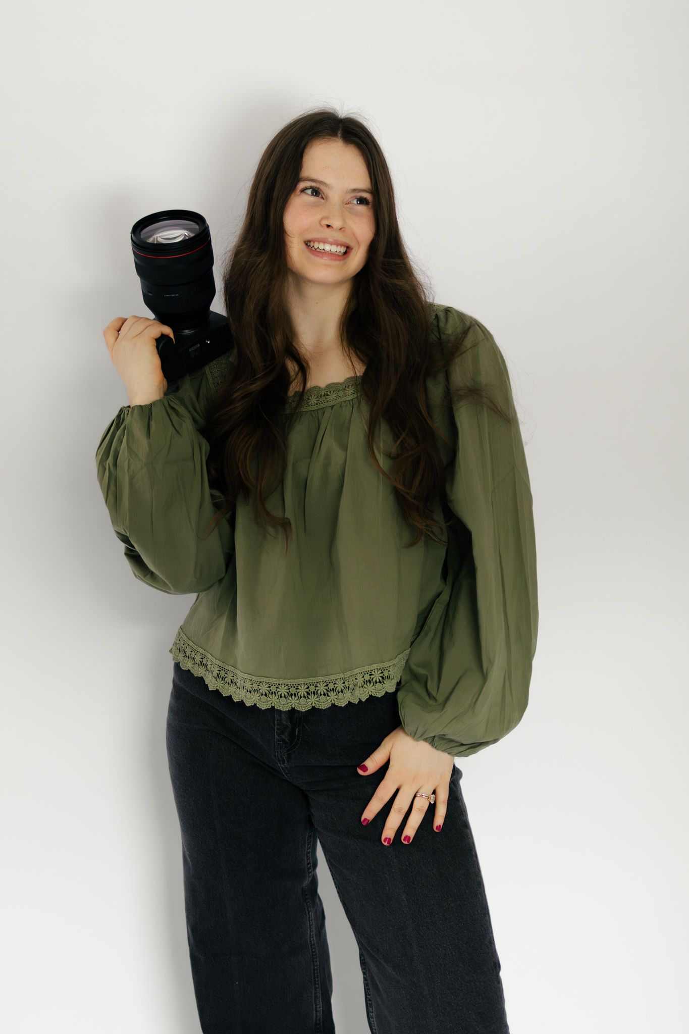 Fashion photography series featuring an olive green blouse and dark pants against white backdrop.