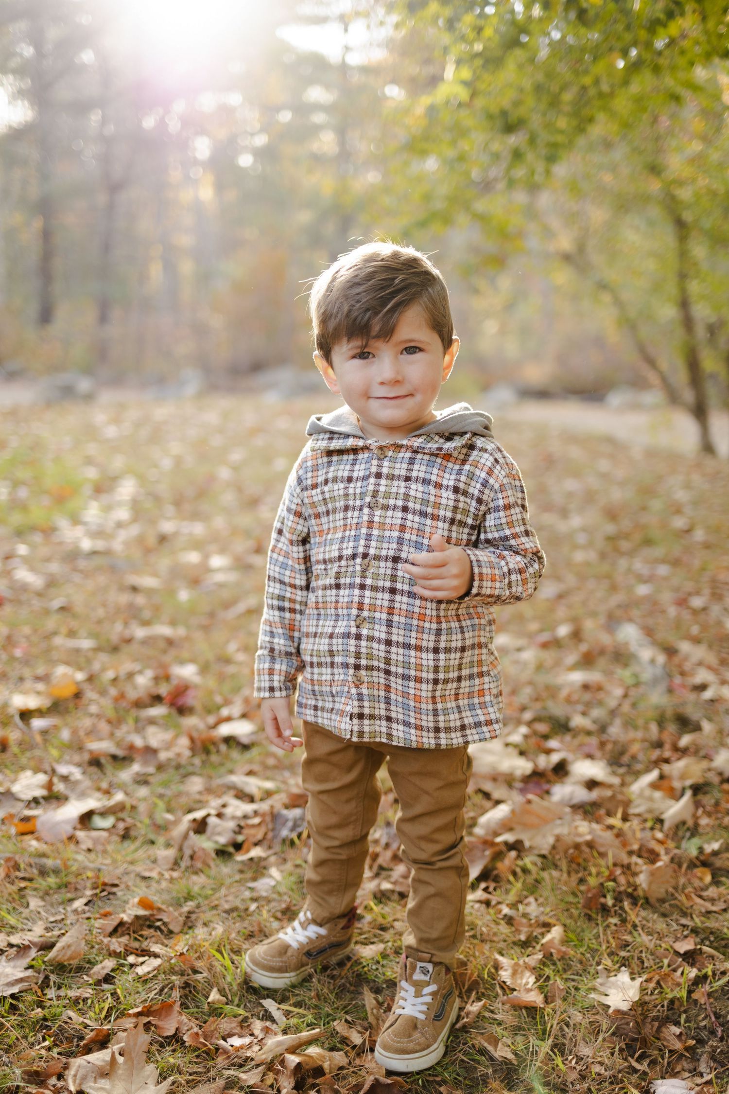 A toddler in plaid shirt and brown pants plays in fallen autumn leaves on a sunny day.