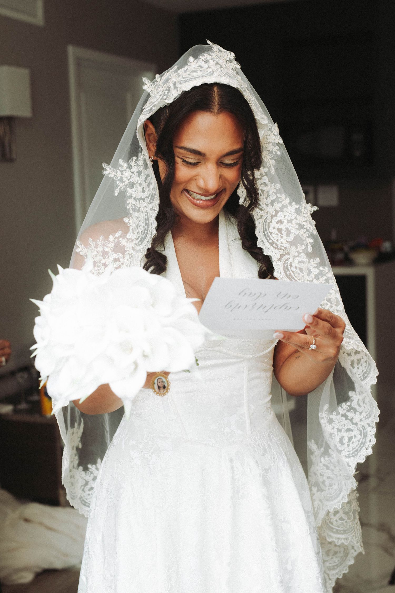 A bride in a white lace veil and dress is shown in a series of candid moments during wedding preparations.