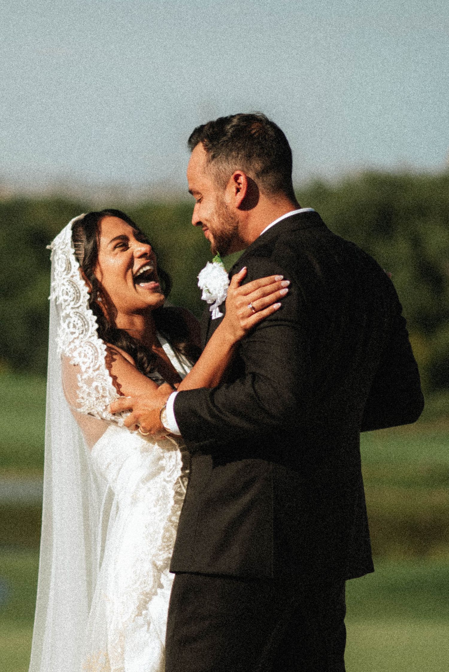 A romantic sequence of wedding photos showing a couple in formal attire sharing intimate moments outdoors.