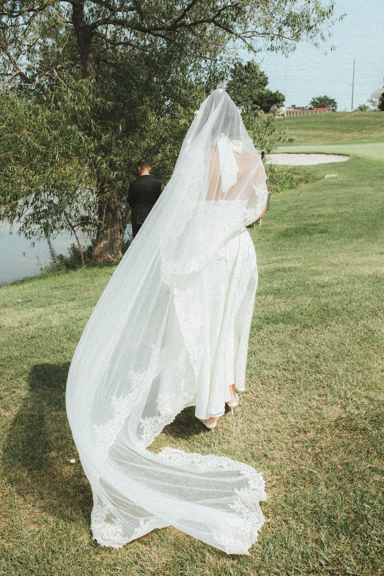 A flowing white wedding veil and dress photographed from behind on a grassy lawn with trees in the background.