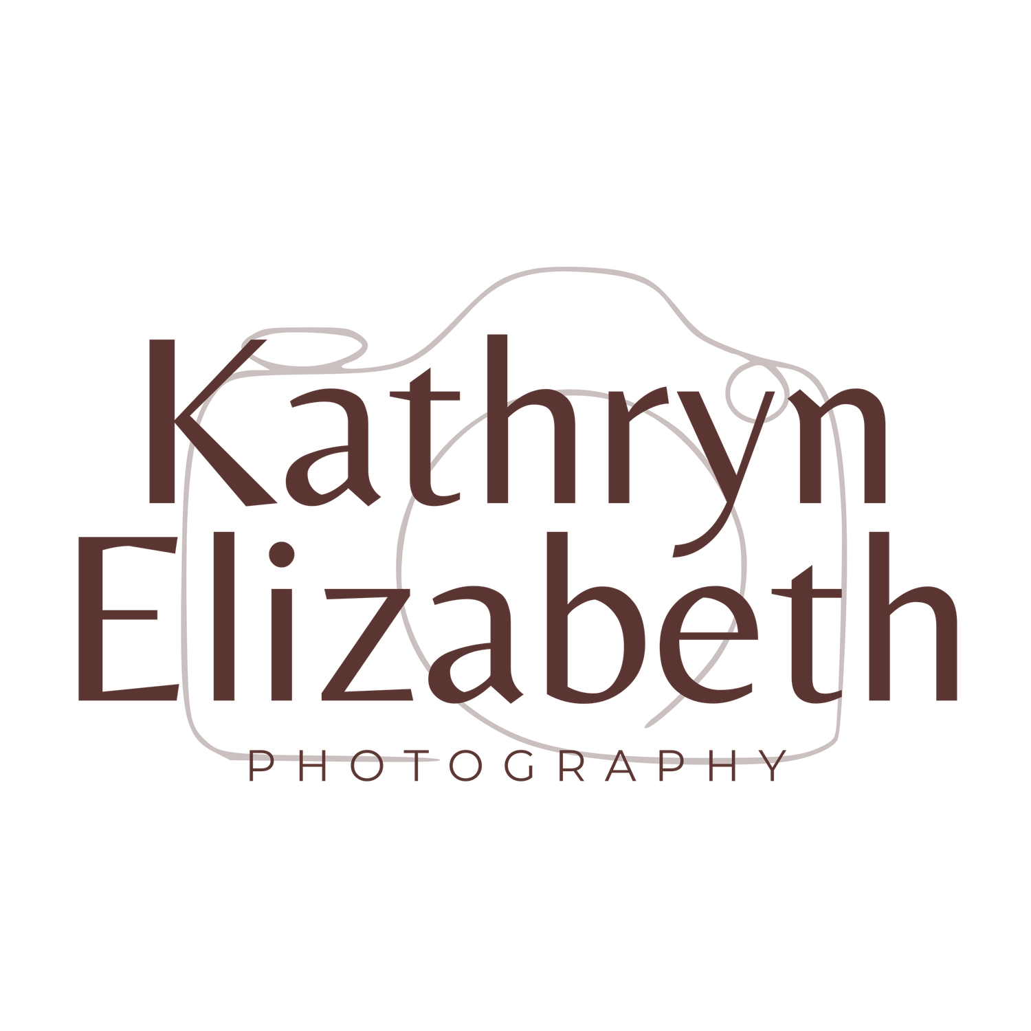 Kathryn Elizabeth Photography logo with elegant brown script and camera outline design, wedding photographer North Carolina